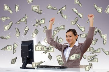 Businesswoman at workplace and money symbols clipart