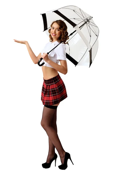 Γυναίκα ντυμένη σε στυλ ρετρό με ομπρέλα — Φωτογραφία Αρχείου
