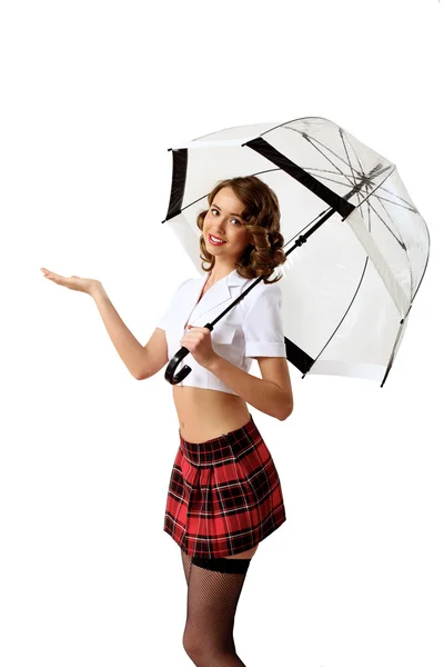 Donna vestita in stile retrò con ombrello — Foto Stock