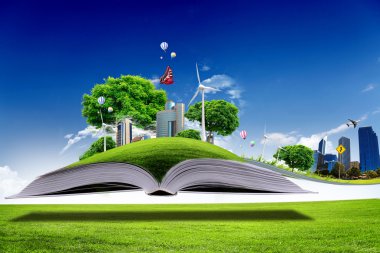 Open book with green nature world clipart