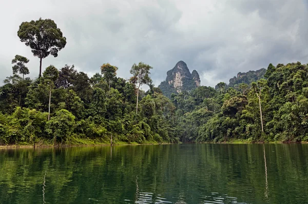 Tropisch landschap. Cheow lan lake. Khao sok Nationaalpark. Thailand. — Stockfoto