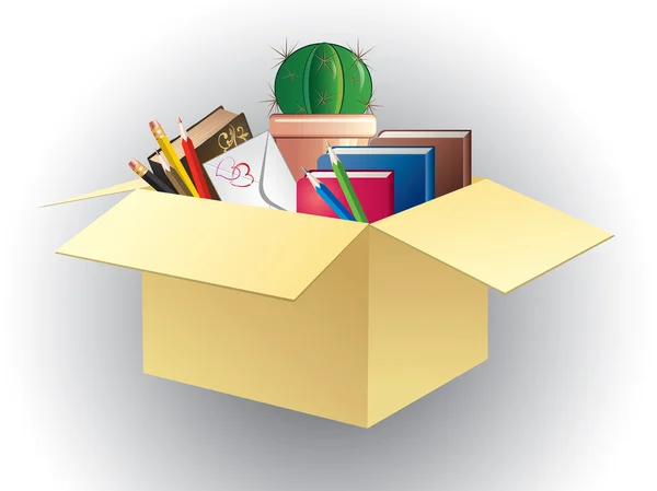 Caja de libros, lápices y cactus . — Vector de stock