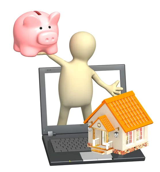 Puppet with piggy bank and house — Stock Photo, Image