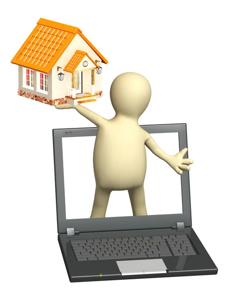 Marionet met laptop en huis — Stockfoto
