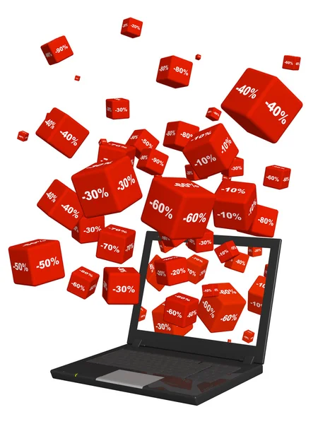 Laptop a červené pole s zboží se slevou — Stock fotografie