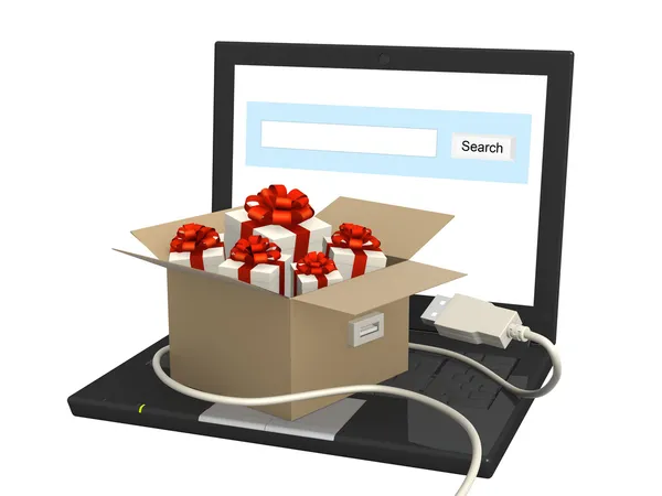 Laptop und viele Geschenke — Stockfoto