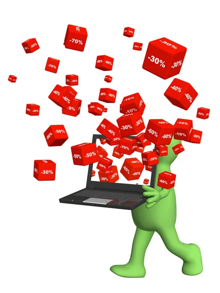Laptop och röda rutor med varorna på en rabatt — Stockfoto
