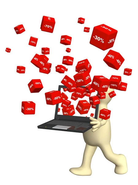 Laptop e caixas vermelhas com os bens com um desconto — Fotografia de Stock