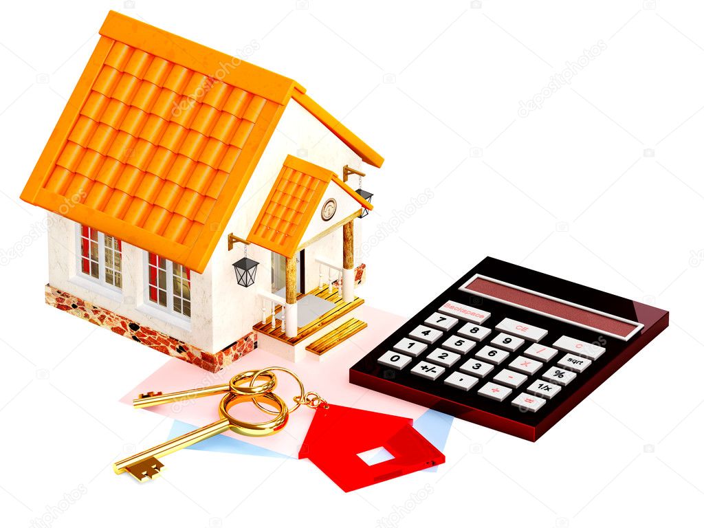 Two gold keys, house and calculator