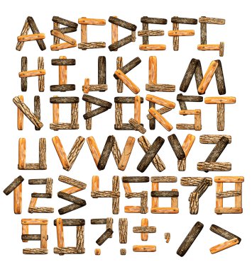 Alphabet from wooden boards and bark clipart