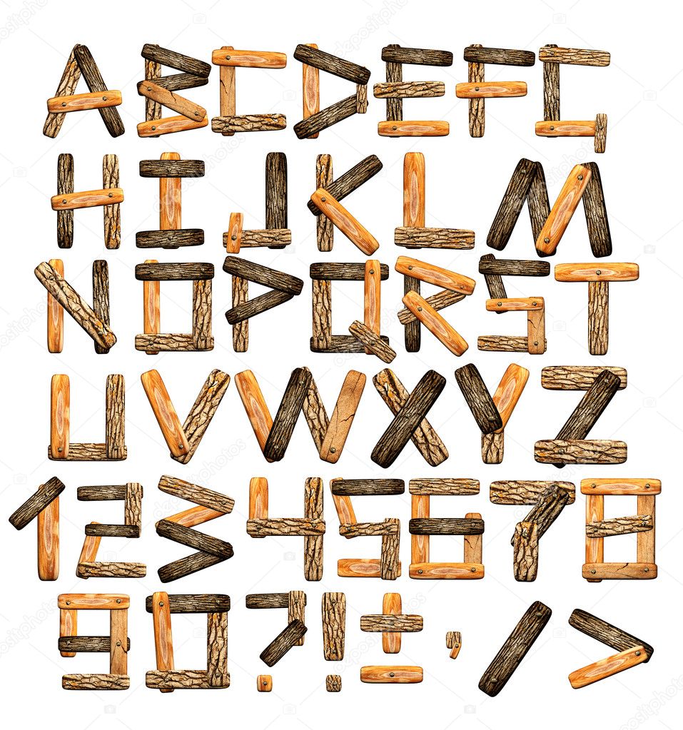 Alphabet from wooden boards and bark