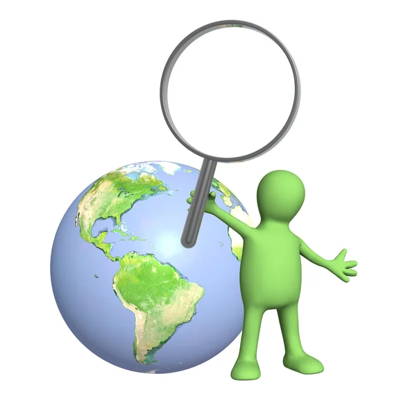3d puppet with magnifier and Earth — Stock Photo, Image