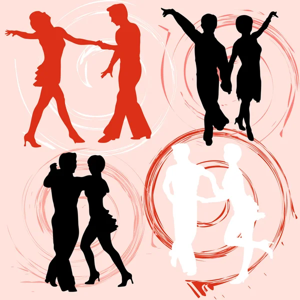 Set of vector silhouettes dancing mans and womans — Stock Vector