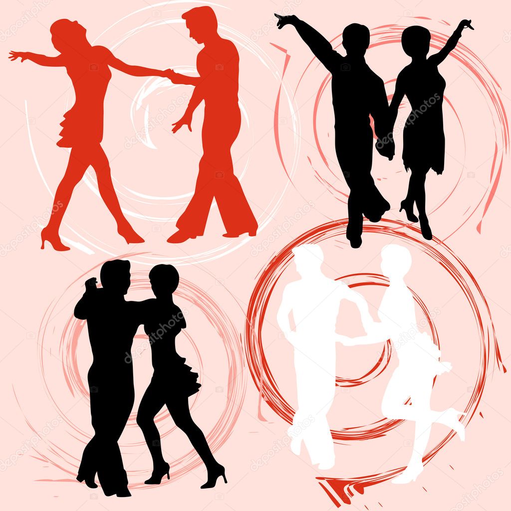 Set of vector silhouettes dancing mans and womans