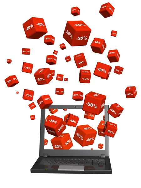 Laptop és piros dobozok, az áru-on egy leszámítol — Stock Fotó