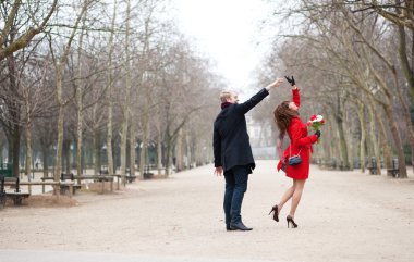 Happy couple dancing in the Luxembourg garden of Paris clipart