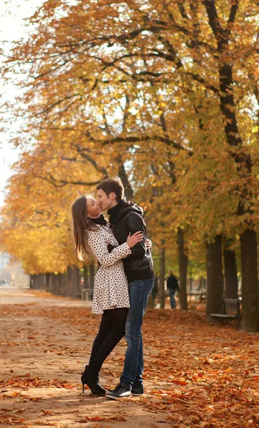 Joven pareja hermosa en el jardín de Luxemburgo en otoño. París. , — Foto de Stock