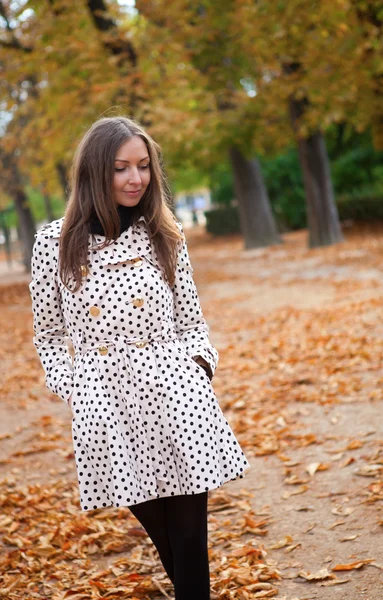 Beautiful young woman in polka dot trench at fall — Stock Photo, Image