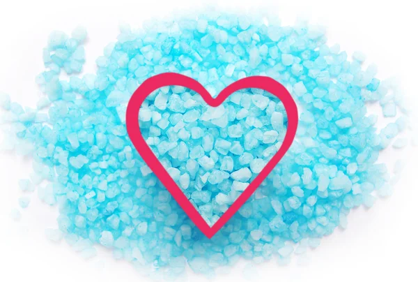Blue bath salt and heart. — Stock Photo, Image