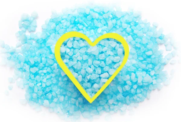 Blue bath salt and heart. — Stock Photo, Image