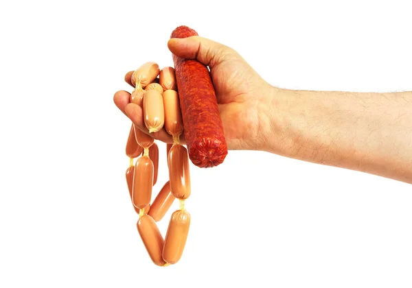 Sausages on a hand. — Stock Photo, Image
