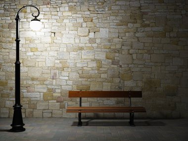 Illuminated brick wall with old fashioned street light and bench clipart