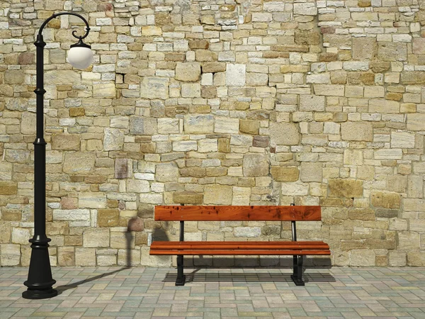 Brick wall with street light and bench — Stock Photo, Image