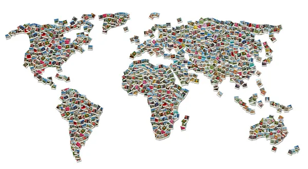 A világ Térkép készült színes utazik fénykép Collage — Stock Fotó