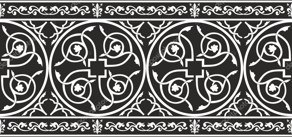 Seamless black-and-white gothic floral vector border