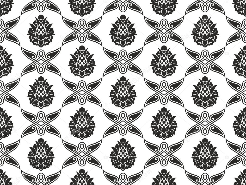 Seamless damask floral black-and-white vector texture