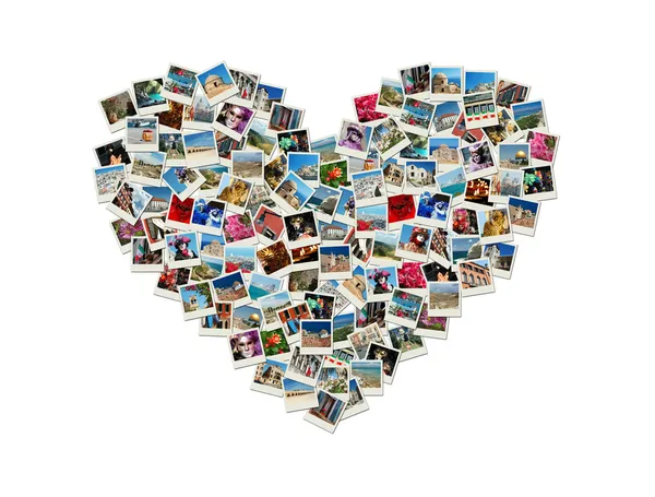 Cestovní vášeň - srdce tvaru koláž z fotografií svět — Stock fotografie