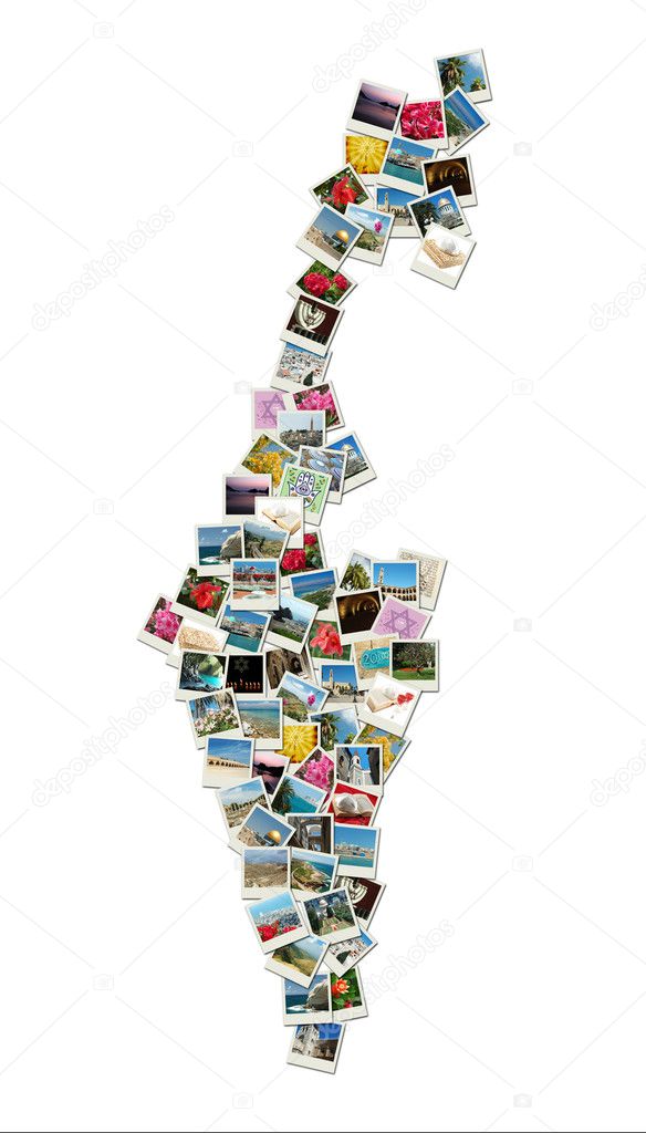 Map of Israel,collage made of travel photos with famous landmark