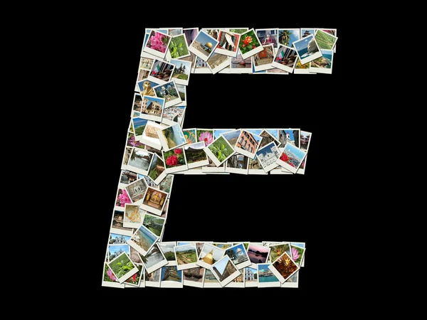 "e" betű tett, mint a utazik fénykép collage alakja — Stock Fotó