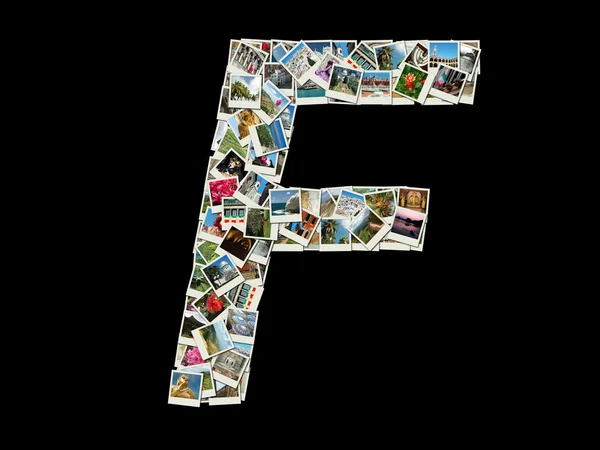 Σχήμα της επιστολής "f" που έκανε σαν κολάζ από φωτογραφίες ταξιδιού — Φωτογραφία Αρχείου