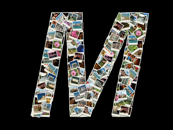 Shape of "M" letter made like collage of travel photos — Stock Photo, Image