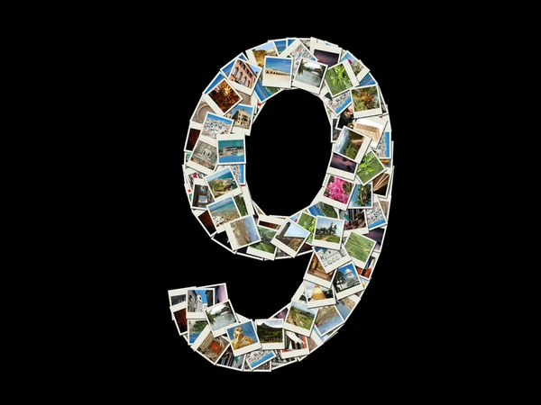 旅行の写真のコラージュのような作られた「9」の図の形状 — ストック写真