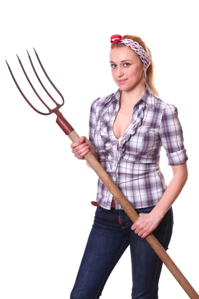 Woman with pitchfork — Stock Photo, Image