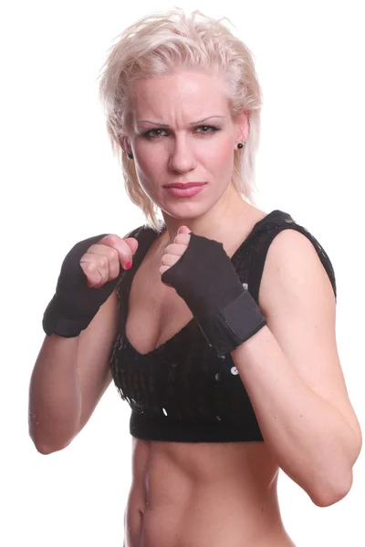Female boxer in fighting stance — Stock Photo, Image