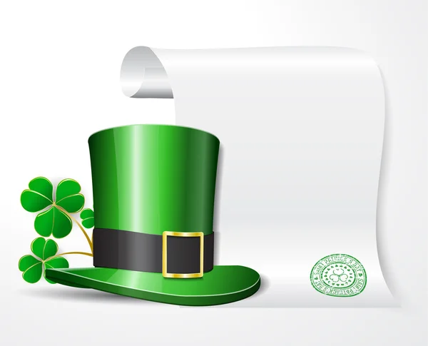 St. Patrick 's hoed met klaver en lege scroll voor je tekst — Stockvector