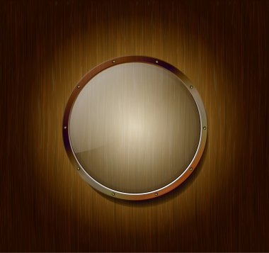 Empty round banner of glass and metal on a wooden background clipart