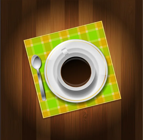Tazza di caffè, cucchiaio e tovagliolo su sfondo di legno — Vettoriale Stock