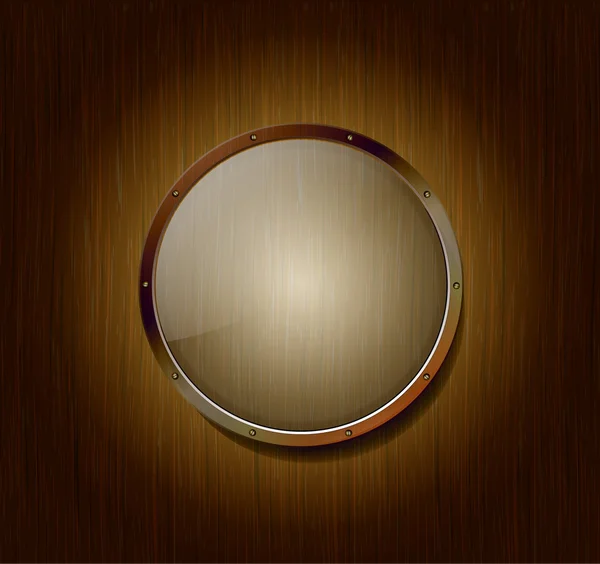 Prázdný kruhový prapor ze skla a kovu na dřevěném pozadí — Stockový vektor