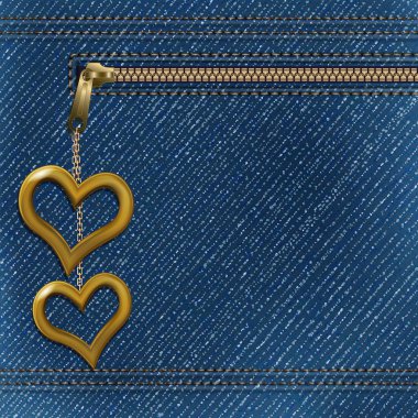 Vector realistic denim background with two metallic hearts clipart