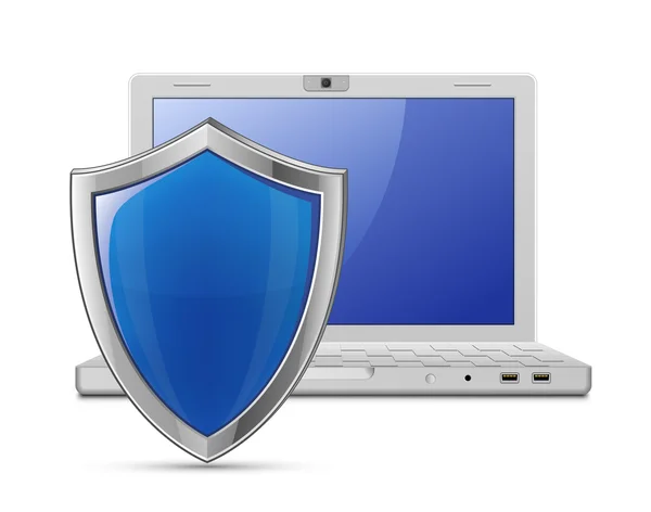 Laptop en blauw schild — Stockvector