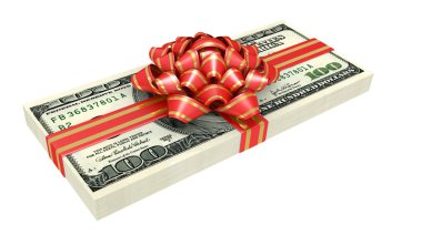 hediye para, dolar banka notları, kırmızı kurdele bir yay ile bağlı