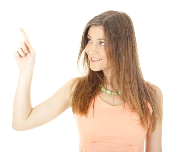 Woman points finger at something — Stock Photo, Image