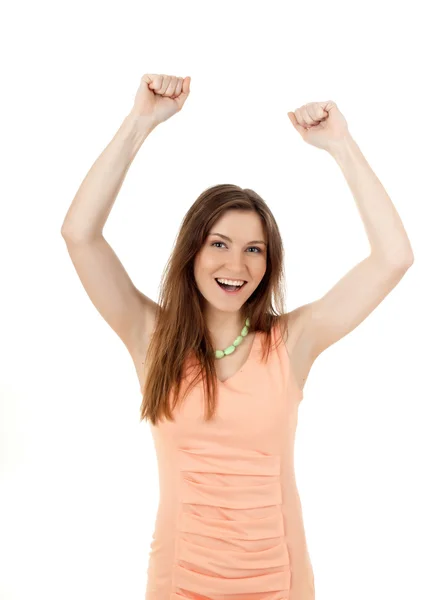 Een portret van een gelukkige jonge vrouw met haar handen omhoog — Stockfoto