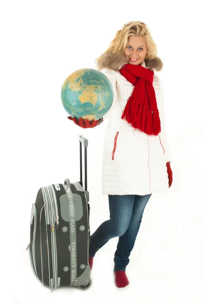 Traveler woman with a bag and globe — Stock Photo, Image