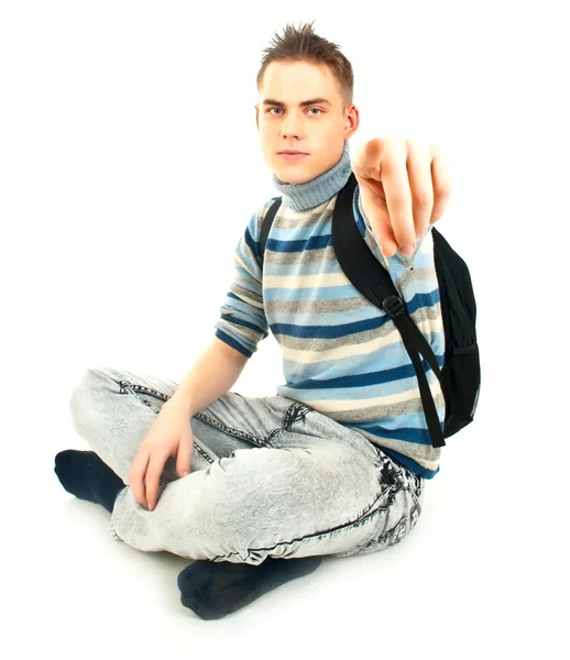 Atractivo estudiante masculino con mochila apuntándote —  Fotos de Stock