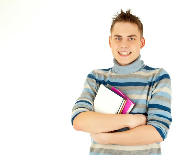 Junger, attraktiver, glücklicher männlicher Student mit Büchern — Stockfoto